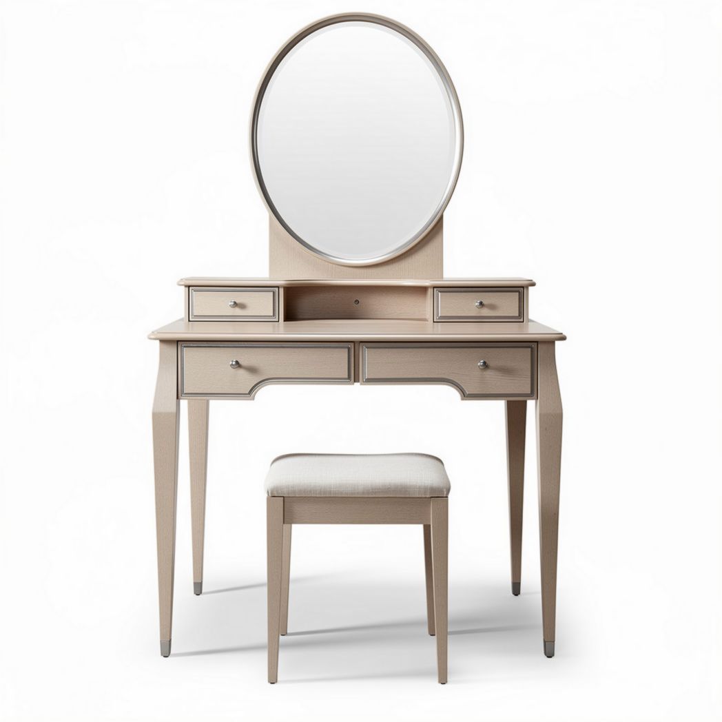Vanity table set with round mirror and cushioned stool in light beige color