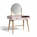 Pink makeup vanity with round mirror and wooden legs 80 x 40 x 130cm