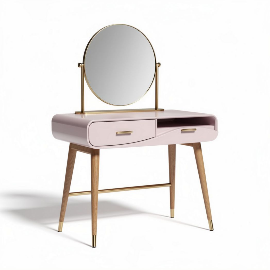 Pink makeup vanity with round mirror and wooden legs 80 x 40 x 130cm