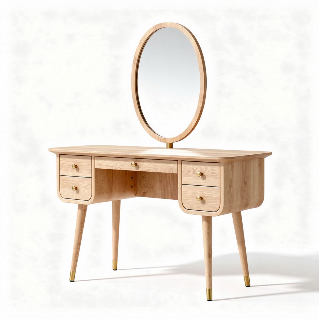 Natural wood vanity table with oval mirror and two drawers 120 x 45 x 75cm