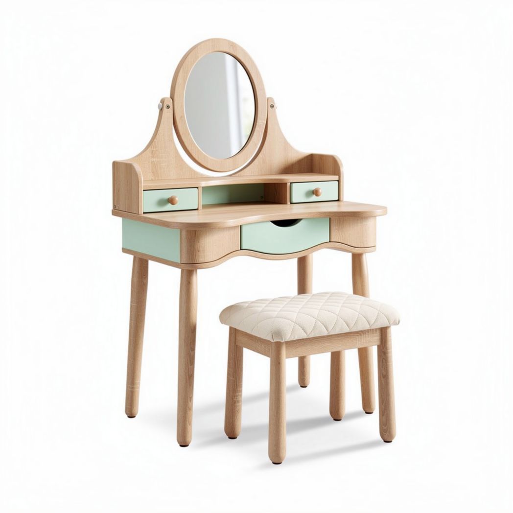 Wooden vanity table with mirror and drawers in light green 100 x 40 x 75cm