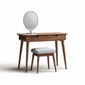 Wooden vanity table with mirror and upholstered stool in brown finish