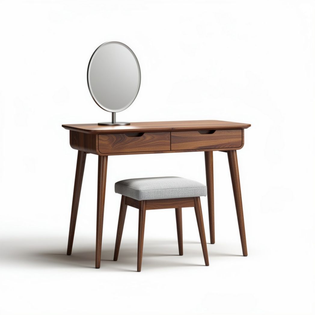 Wooden vanity table with mirror and upholstered stool in brown finish