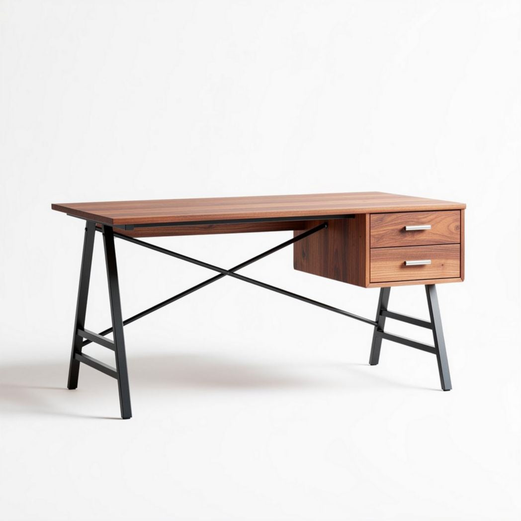 Modern wooden desk with two drawers and metal legs 150 x 75 x 75cm