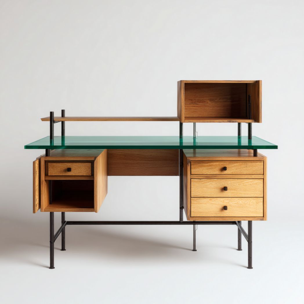 Mid-century modern wooden desk with storage and metal legs 120 x 60 x 75cm