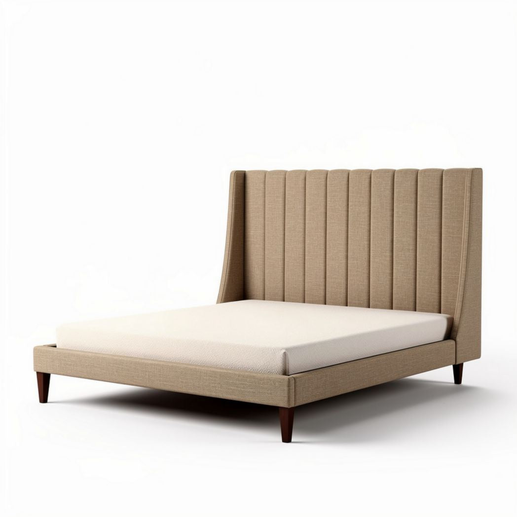 Fabric upholstered platform bed with vertical channel tufting in beige 200 x 160 x 70cm