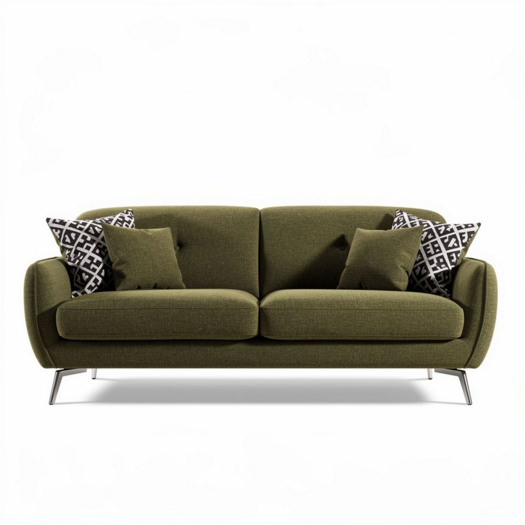 Olive green fabric sofa with throw pillows and stainless steel legs 180 x 90 x 85cm