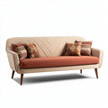 Mid-century modern fabric sofa with decorative cushions in beige and orange 200 x 90 x 85cm