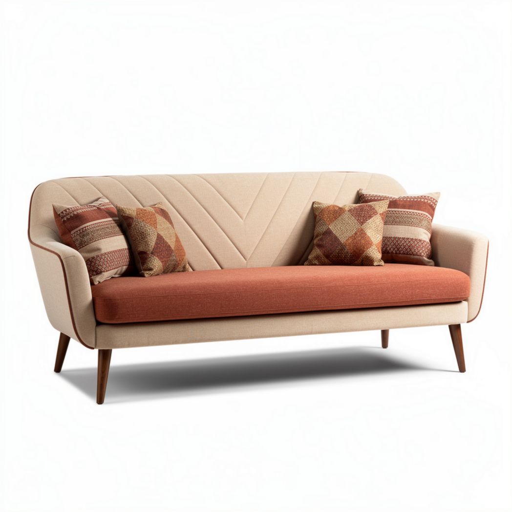 Mid-century modern fabric sofa with decorative cushions in beige and orange 200 x 90 x 85cm