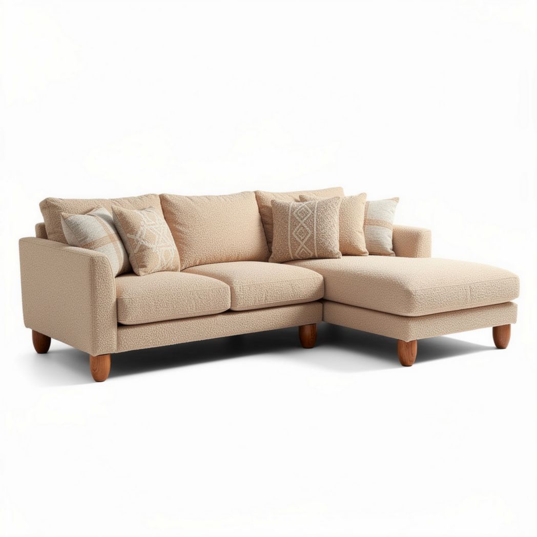 Sectional sofa with fabric upholstery and wooden legs in light beige color
