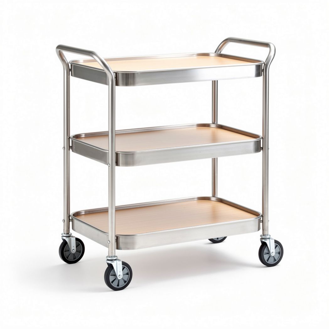 Stainless steel serving cart with three wooden shelves dimensions 80 x 45 x 85cm