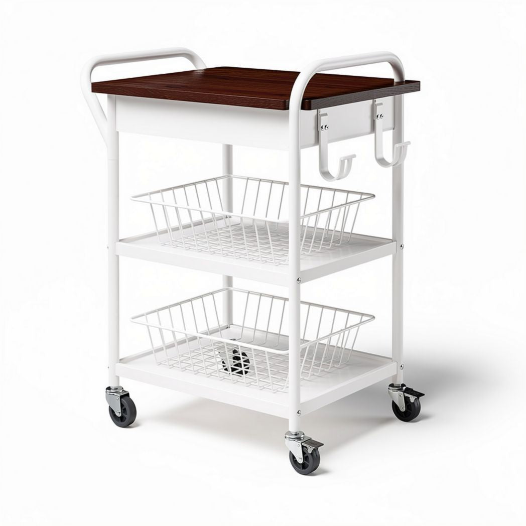 Metal rolling cart with wooden top two wire baskets and hooks 75 x 45 x 90cm