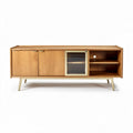 Wooden TV stand with glass door and open shelving 150 x 40 x 50cm