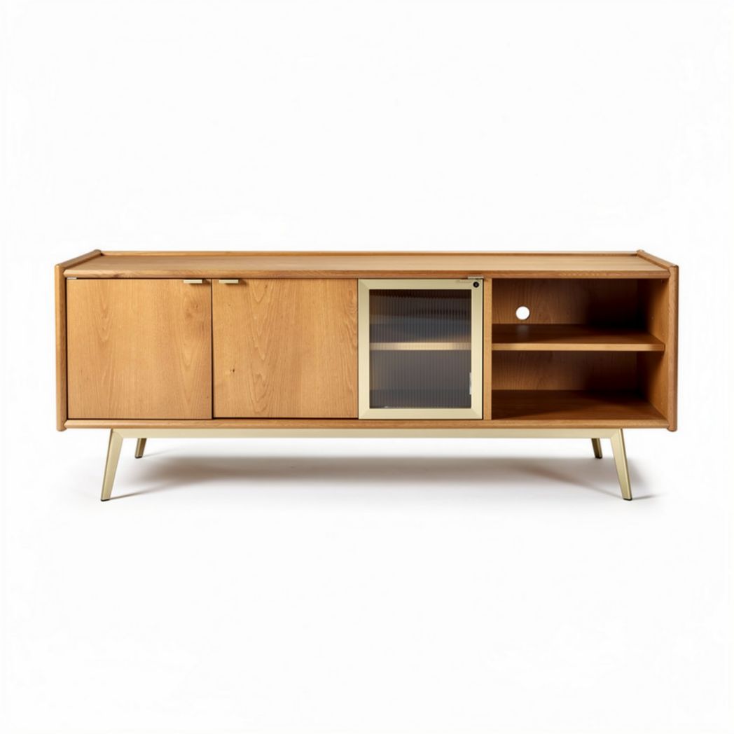 Wooden TV stand with glass door and open shelving 150 x 40 x 50cm