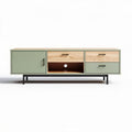 Wood and metal tv stand with storage green and natural 150 x 40 x 50cm
