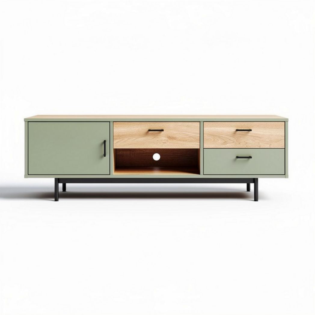 Wood and metal tv stand with storage green and natural 150 x 40 x 50cm
